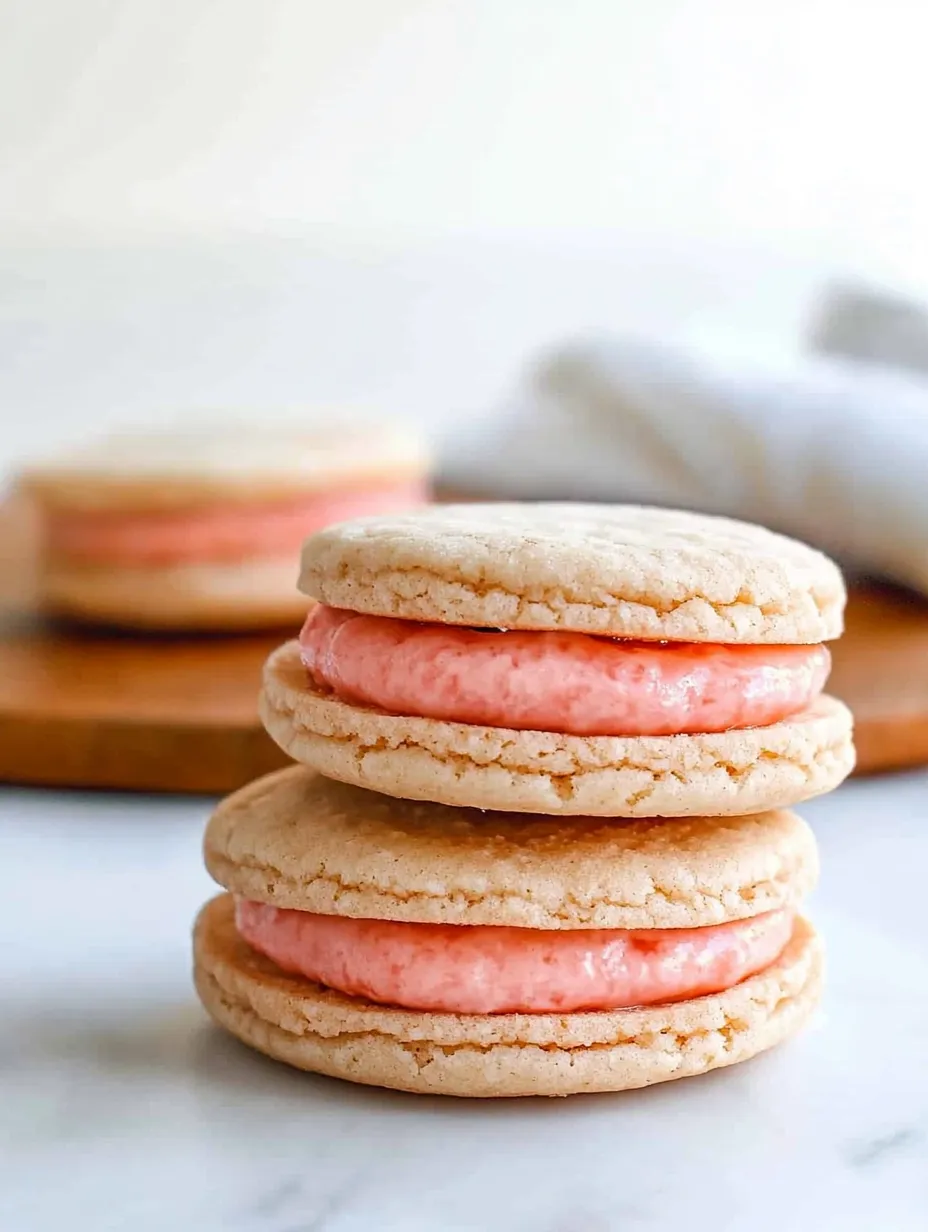 A stack of four cookies with pink frosting.