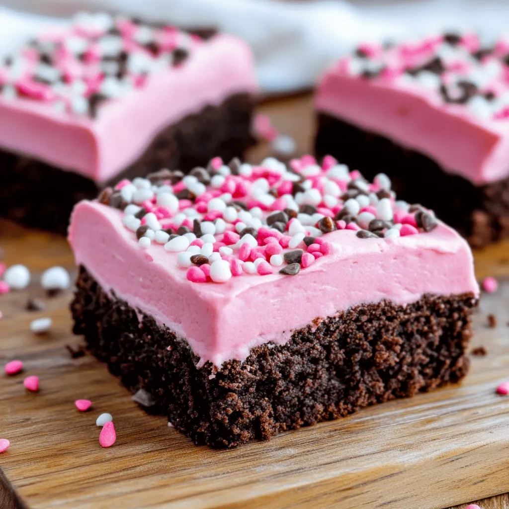 A piece of chocolate cake with pink frosting and chocolate chips.