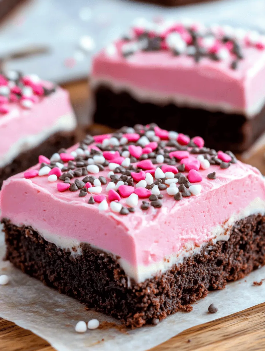 A square piece of chocolate cake with pink frosting and chocolate sprinkles.