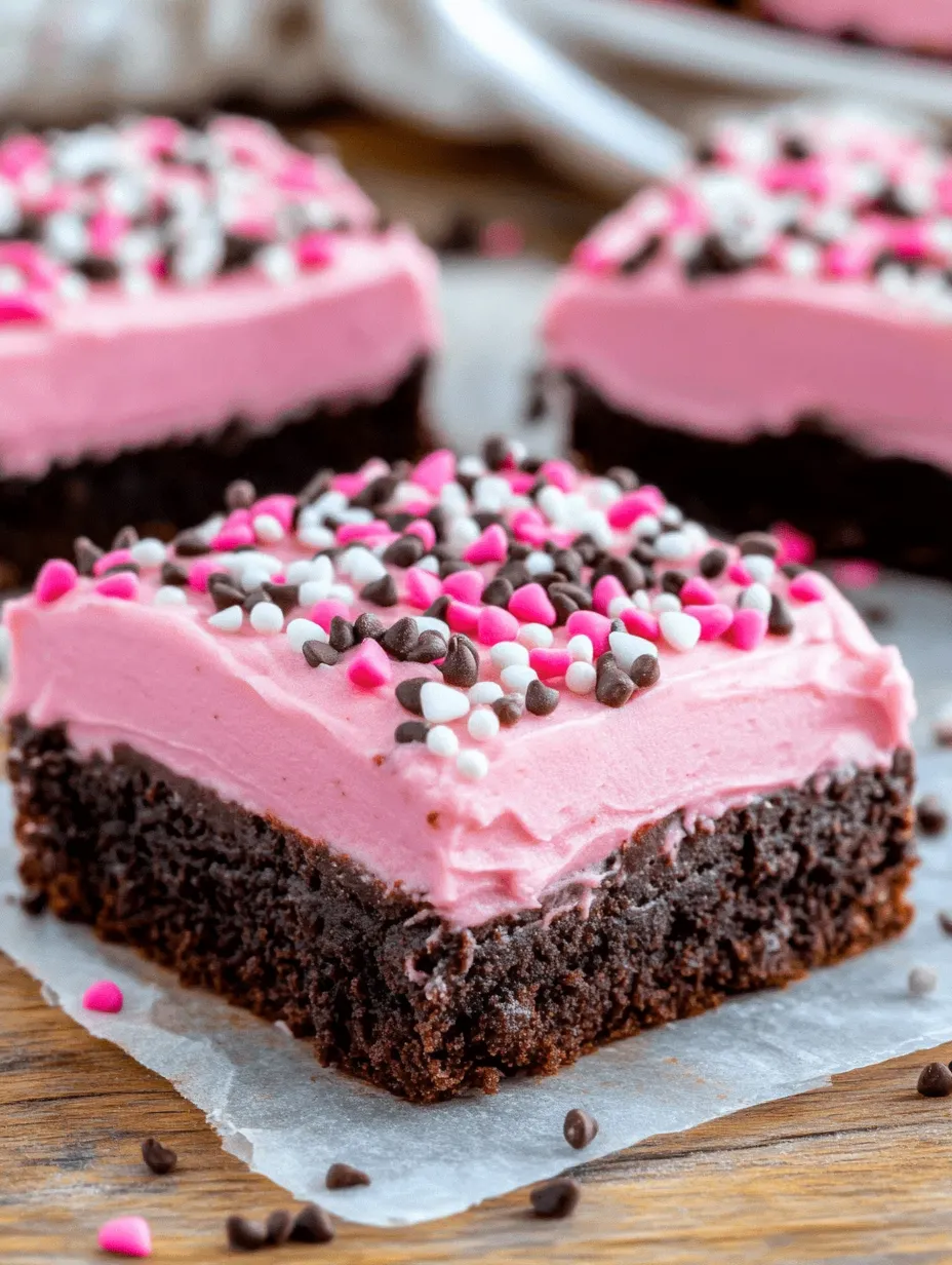 A piece of chocolate cake with pink frosting and chocolate chips.