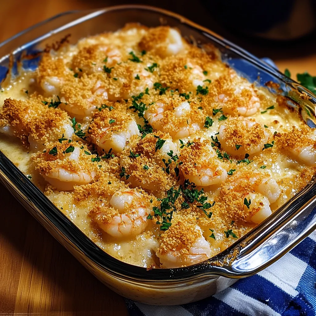 A delicious seafood dish with shrimp, cheese, and herbs, served in a glass bowl.