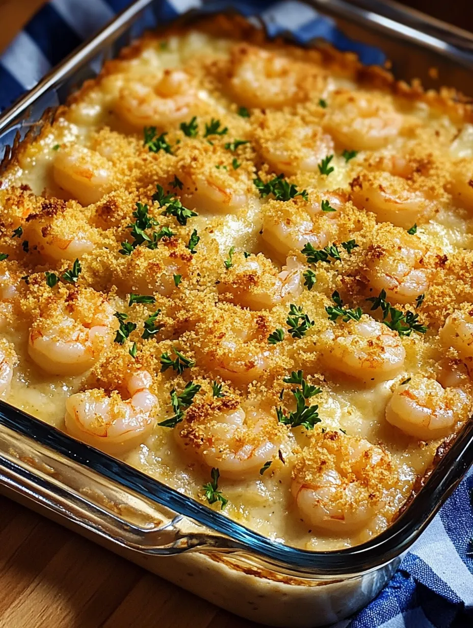 A delicious seafood dish with shrimp and cheese, served in a glass dish.