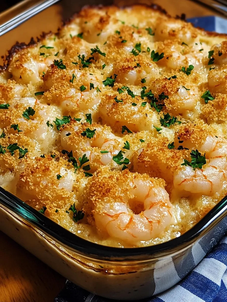 A delicious seafood dish with shrimp and cheese, served in a glass dish.