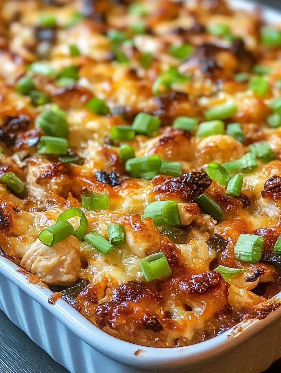 A delicious casserole with a variety of vegetables and meat, topped with cheese and garnished with green onions.