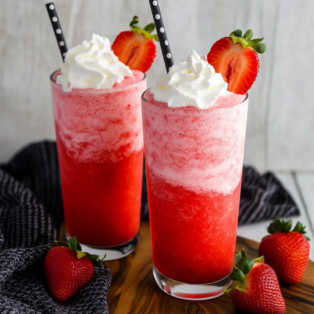 Two glasses of red strawberry milkshake with whipped cream on a table.