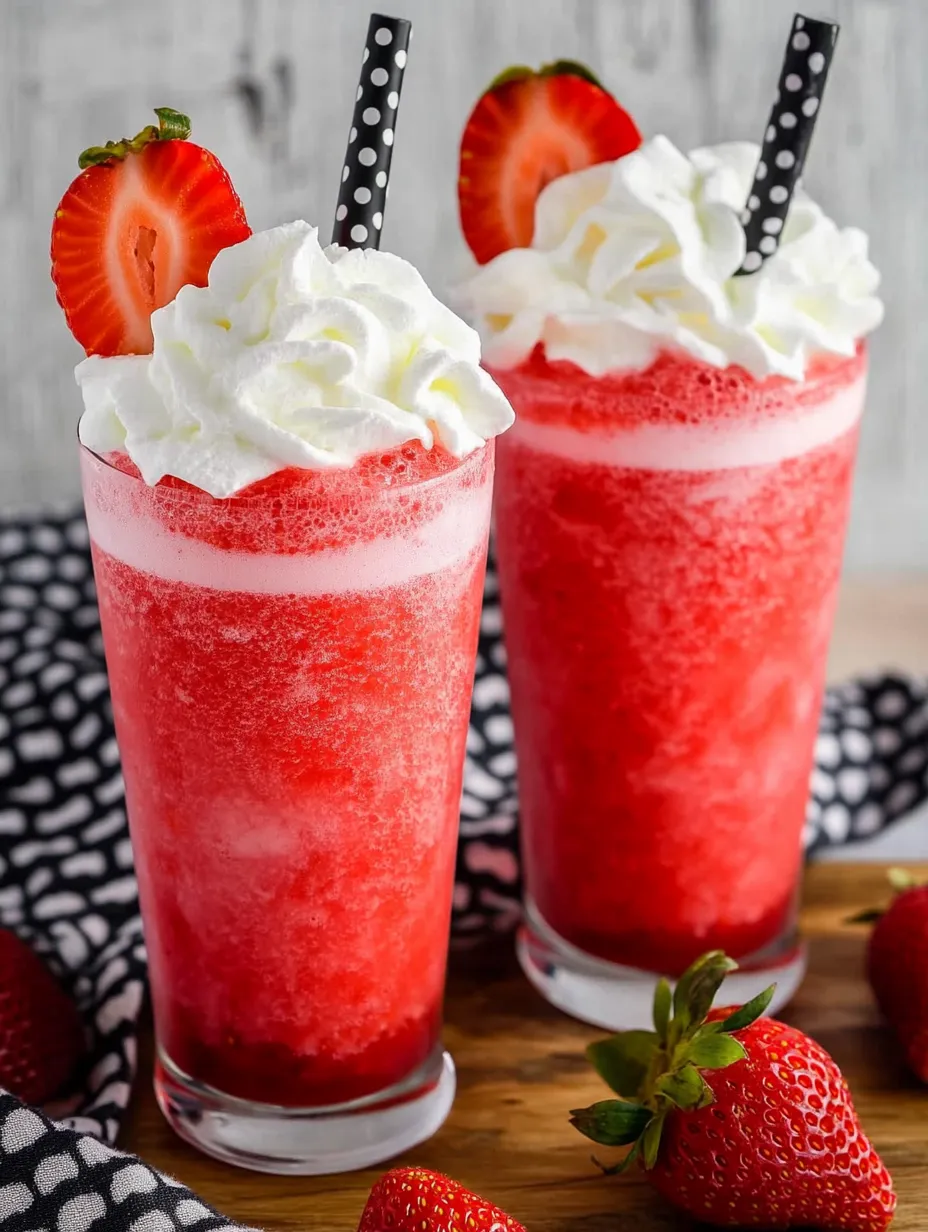 Two glasses of red strawberry milkshake with whipped cream on a table.