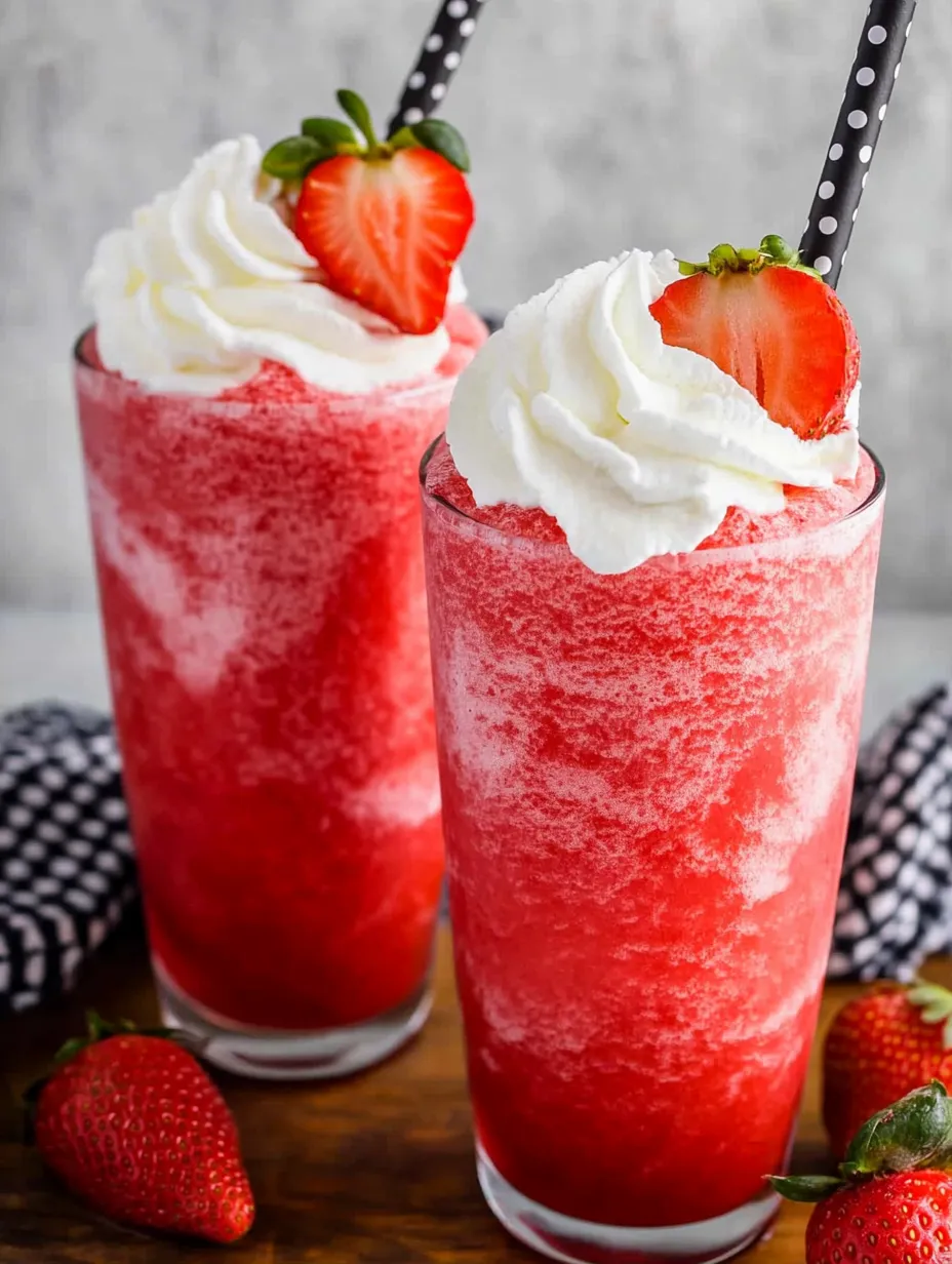 Two glasses of red strawberry milkshake with whipped cream on top.