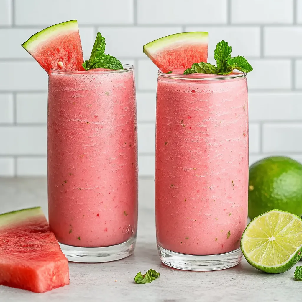 Two glasses of pink smoothie with limes and mint leaves on a table.