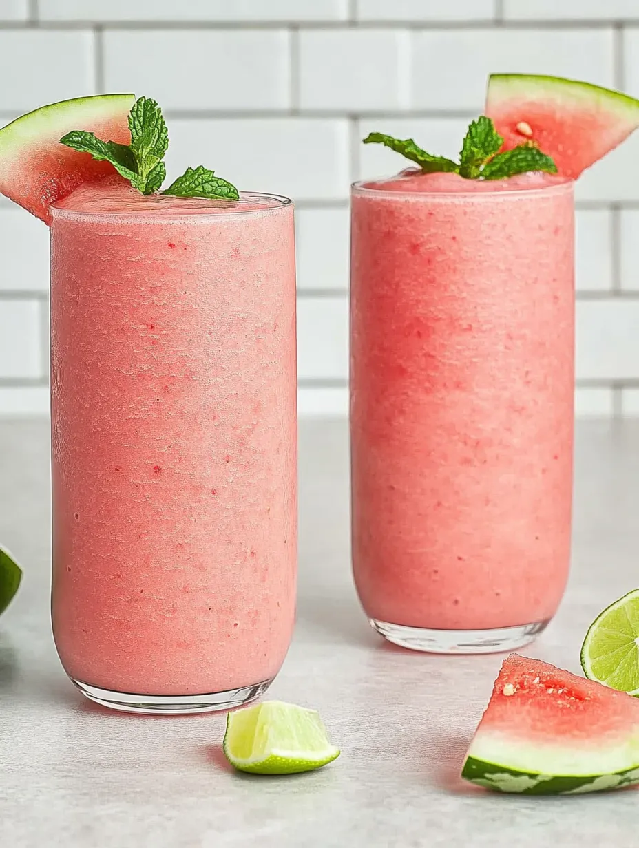 Two glasses of pink smoothie with watermelon and mint toppings.