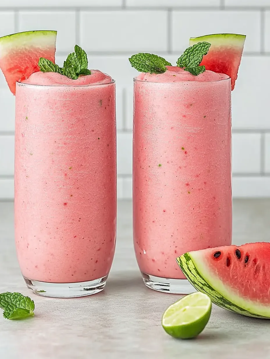 Two glasses of pink smoothie with watermelon and mint garnish.