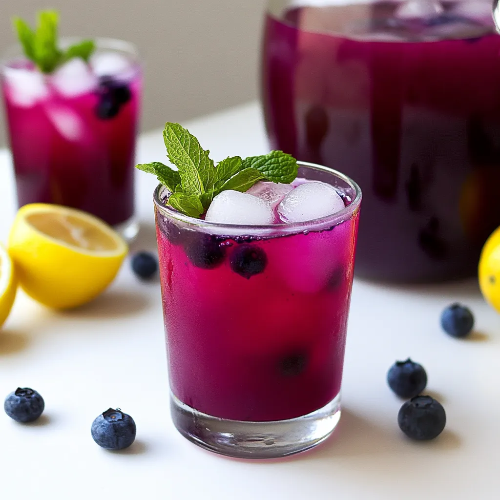 A glass of blueberry juice with a lemon wedge on the side.