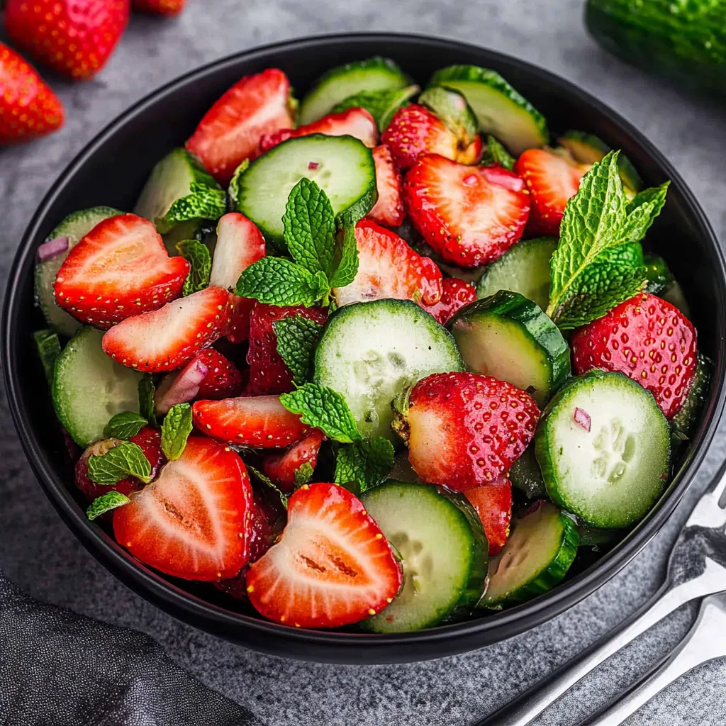 A bowl of fresh fruit with strawberries, cucumbers, and mint.