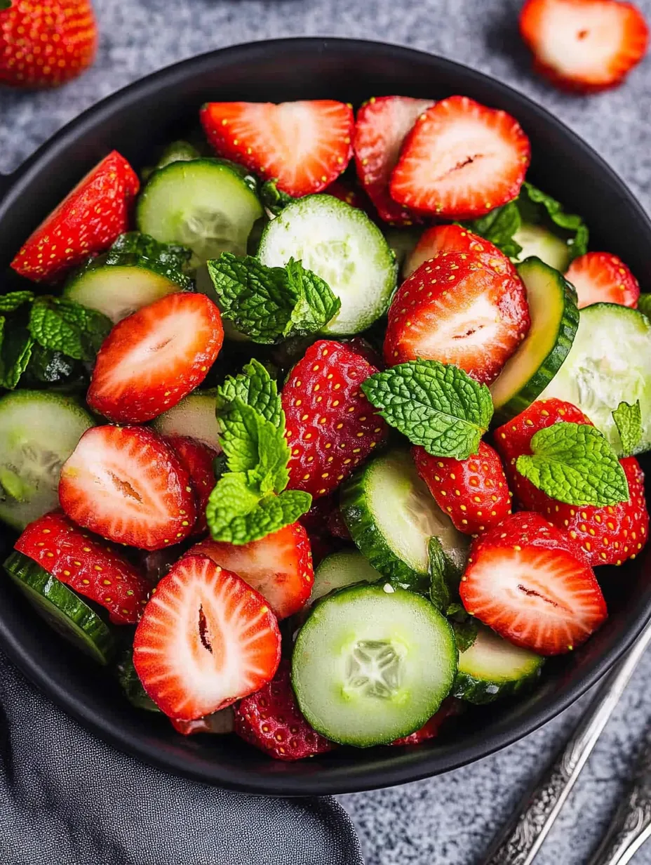 A bowl of fresh fruit with strawberries, cucumbers, and mint.