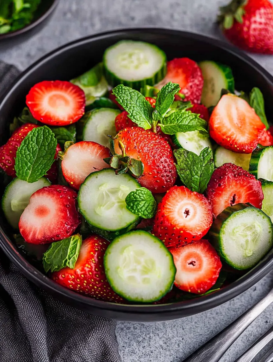 A bowl of fruit with strawberries, cucumbers, and mint.