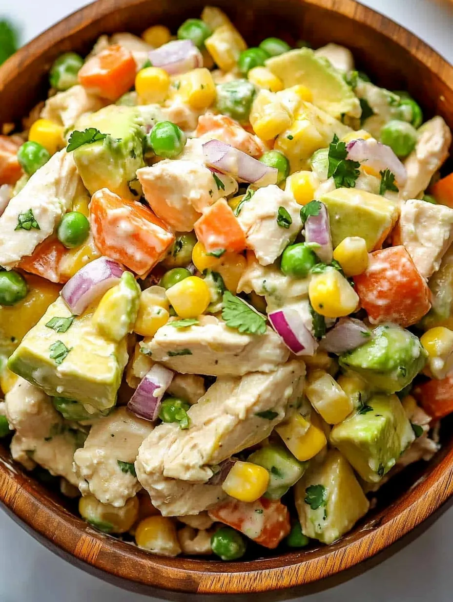 A bowl of food with a variety of ingredients, including corn, peas, and carrots.