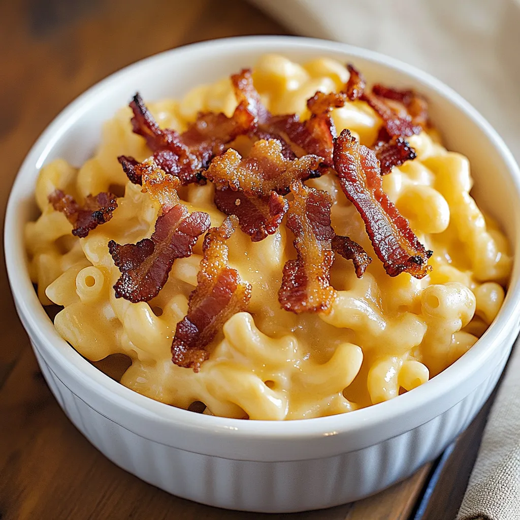 A bowl of macaroni and cheese with bacon on top.