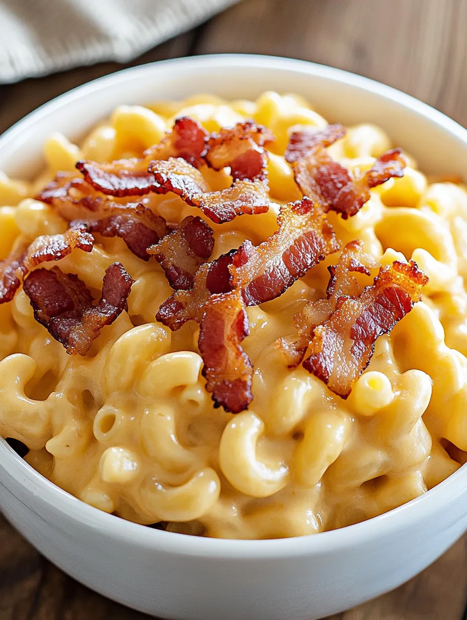 A bowl of macaroni and cheese with bacon on top.