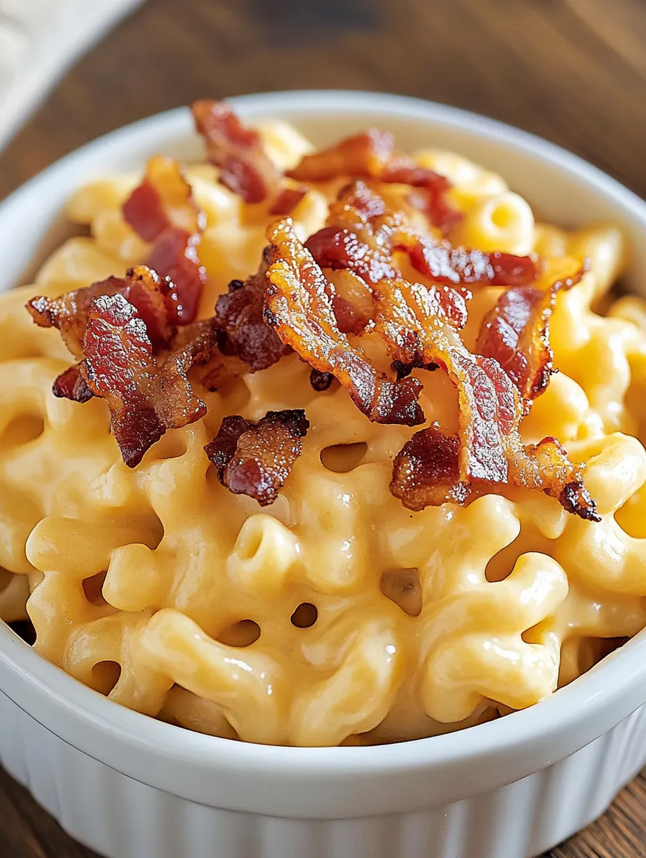 A bowl of macaroni and cheese with bacon on top.