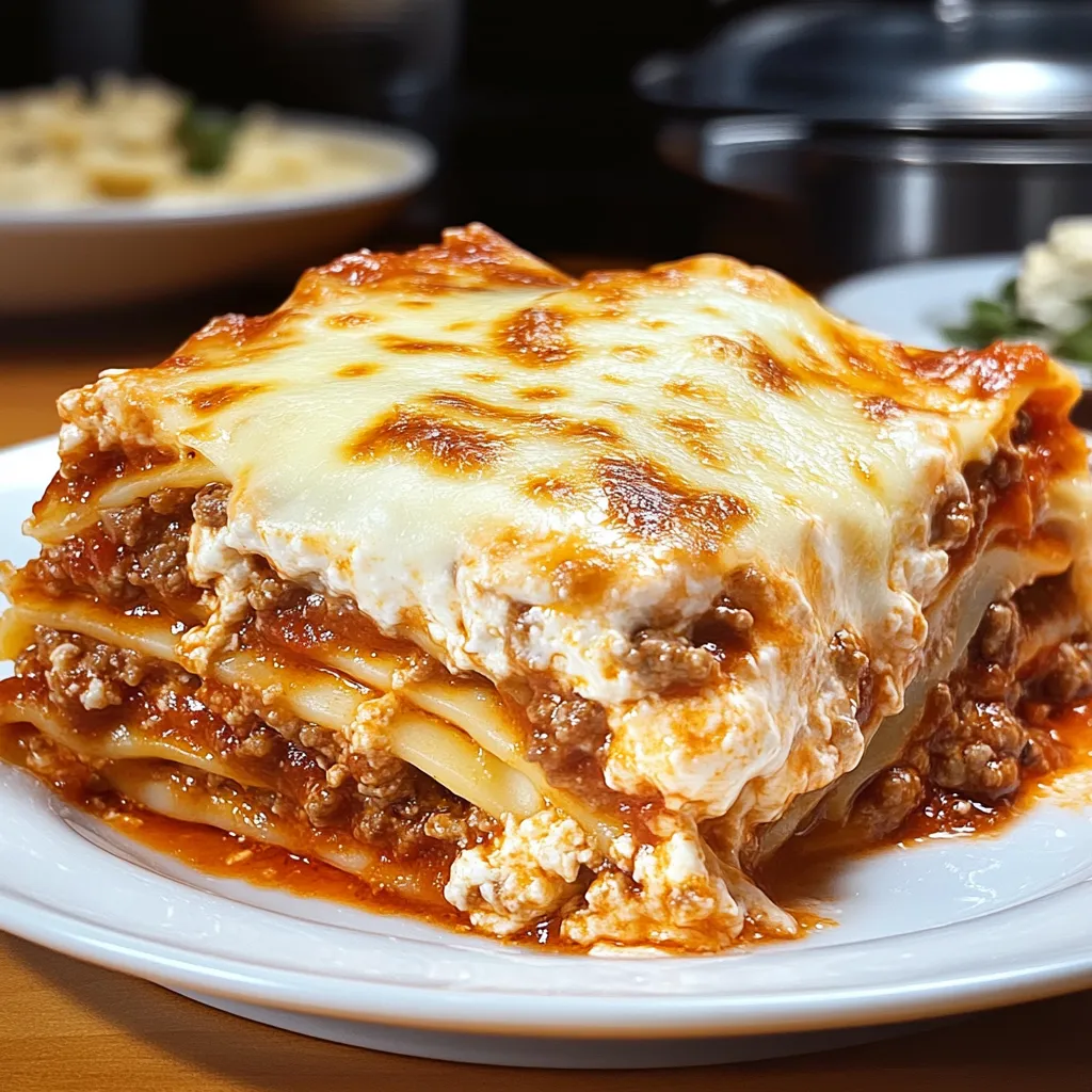 A delicious lasagna with meat and cheese on a white plate.