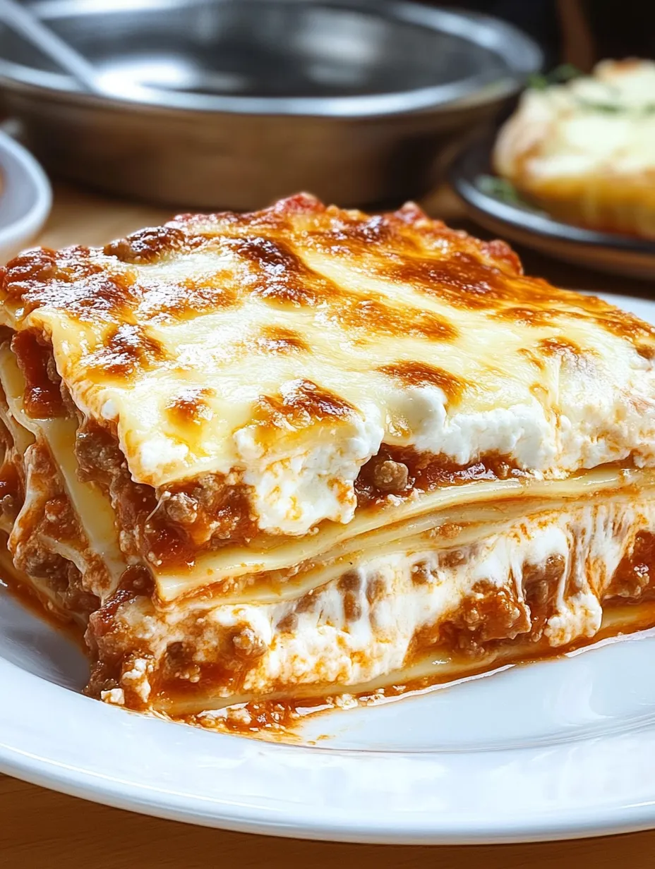 A large piece of lasagna is placed on a plate, ready to be eaten.