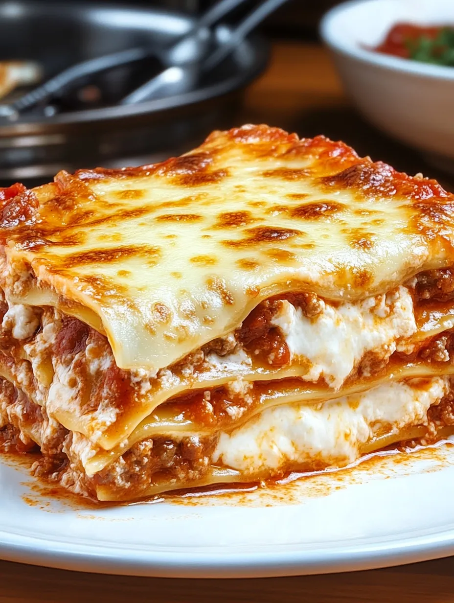 A delicious lasagna with cheese and meat on a white plate.