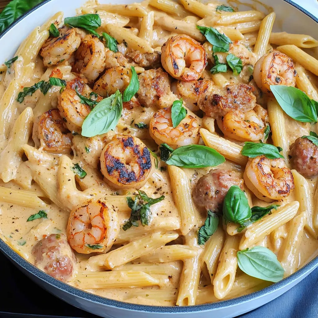 A bowl of shrimp and pasta with green leaves on top.