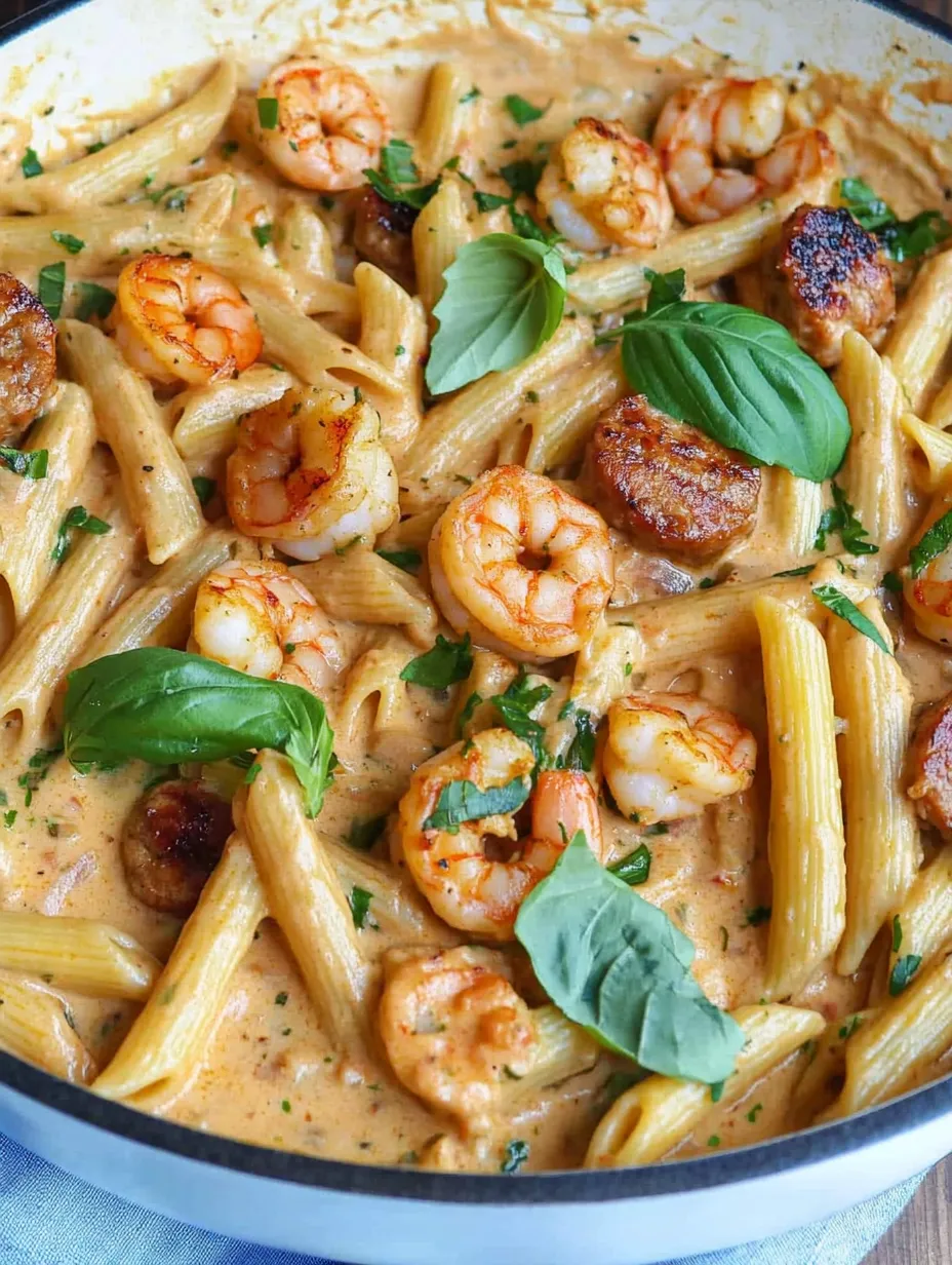 A delicious seafood pasta dish with shrimp, spinach, and basil.