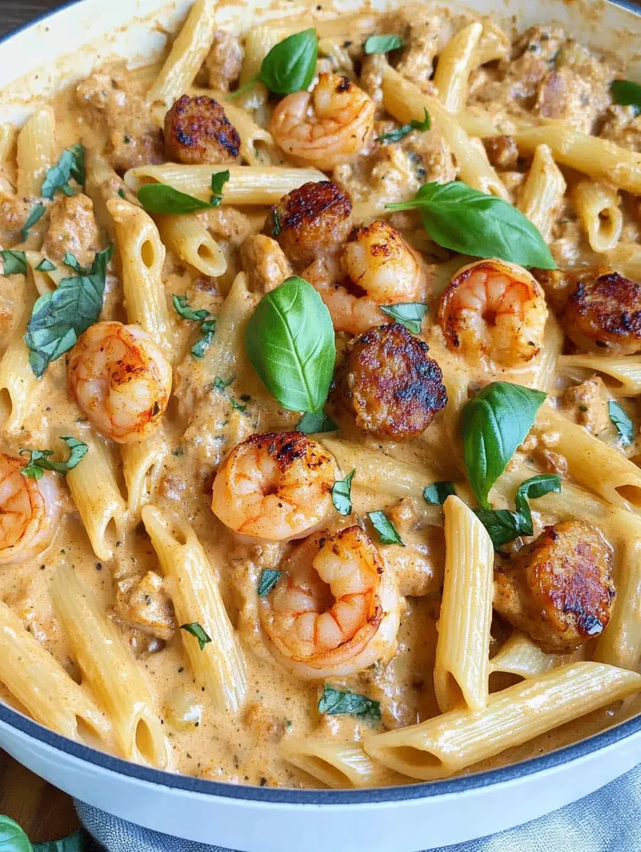 A bowl of pasta with shrimp and sauce.