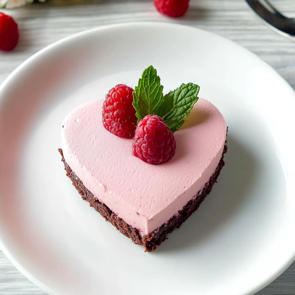 A slice of pink cake with a heart shape and raspberries on top.