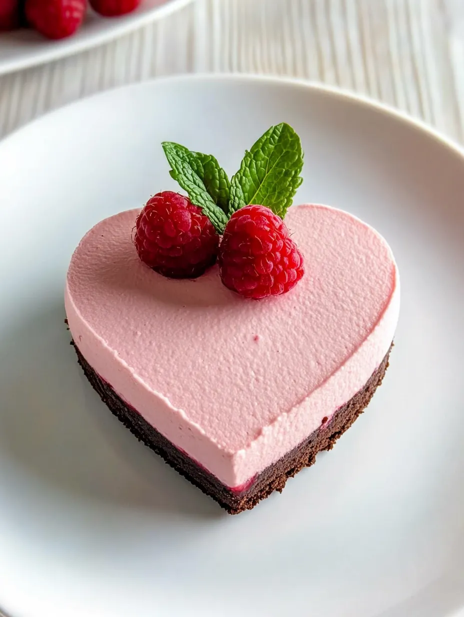 A slice of pink cake with a heart shape and two raspberries on top.