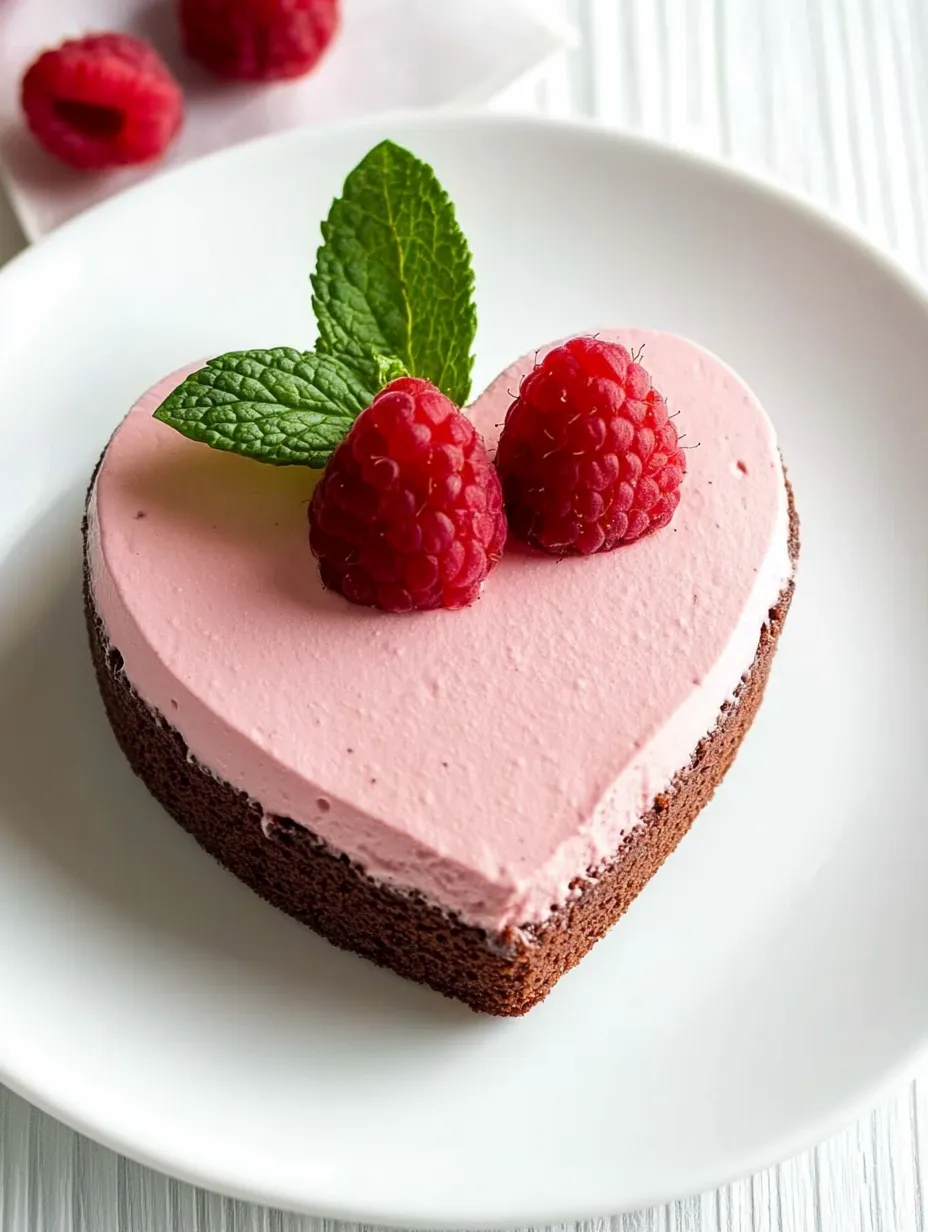 A slice of pink cake with two raspberries on top.