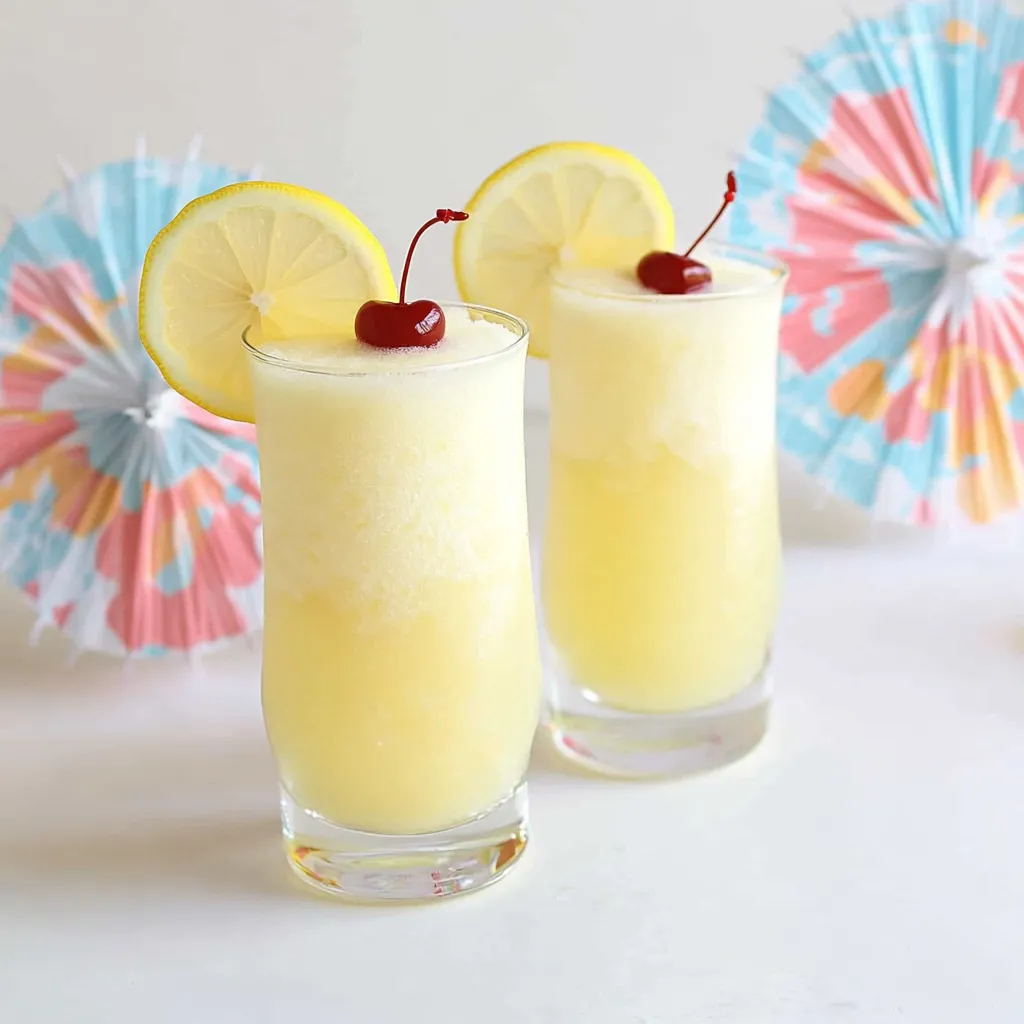 Two glasses of lemonade with cherries on top.