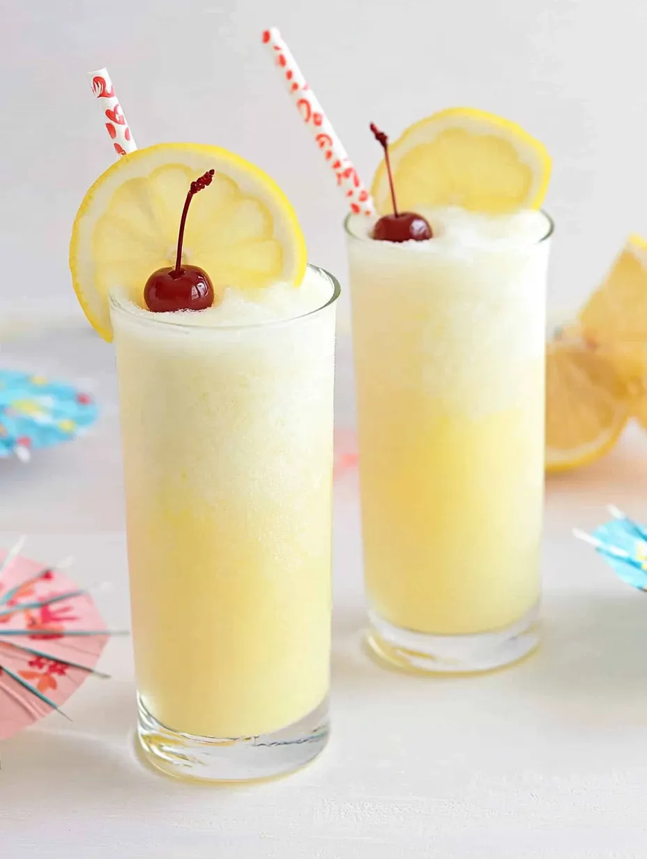 Two glasses of lemonade with cherries on top.