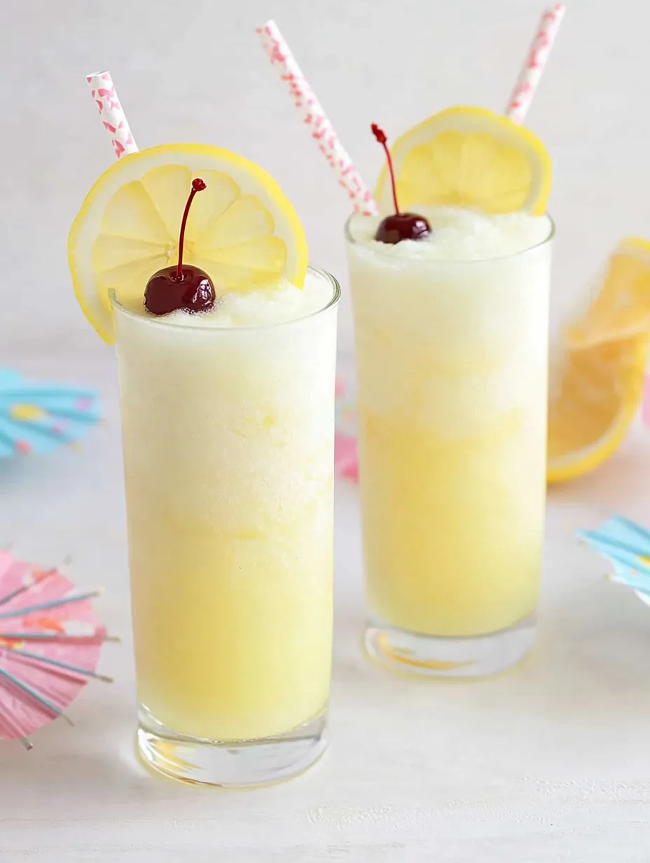 Two glasses of lemonade with cherries on top.