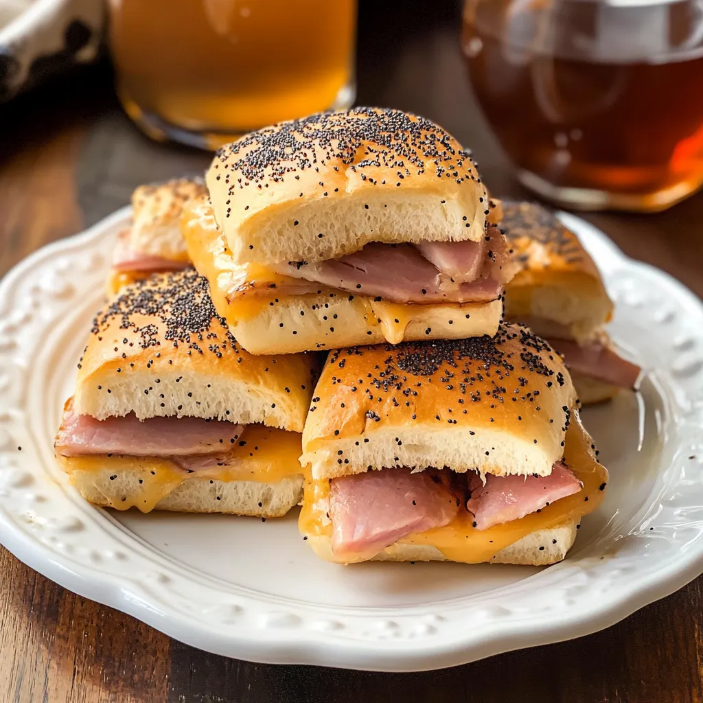 A plate of sandwiches with ham and cheese on a table.