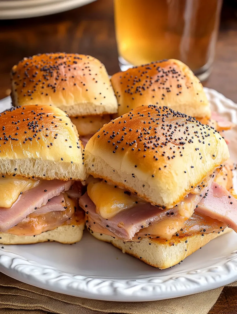 A plate of ham sandwiches with sesame seeds on top.