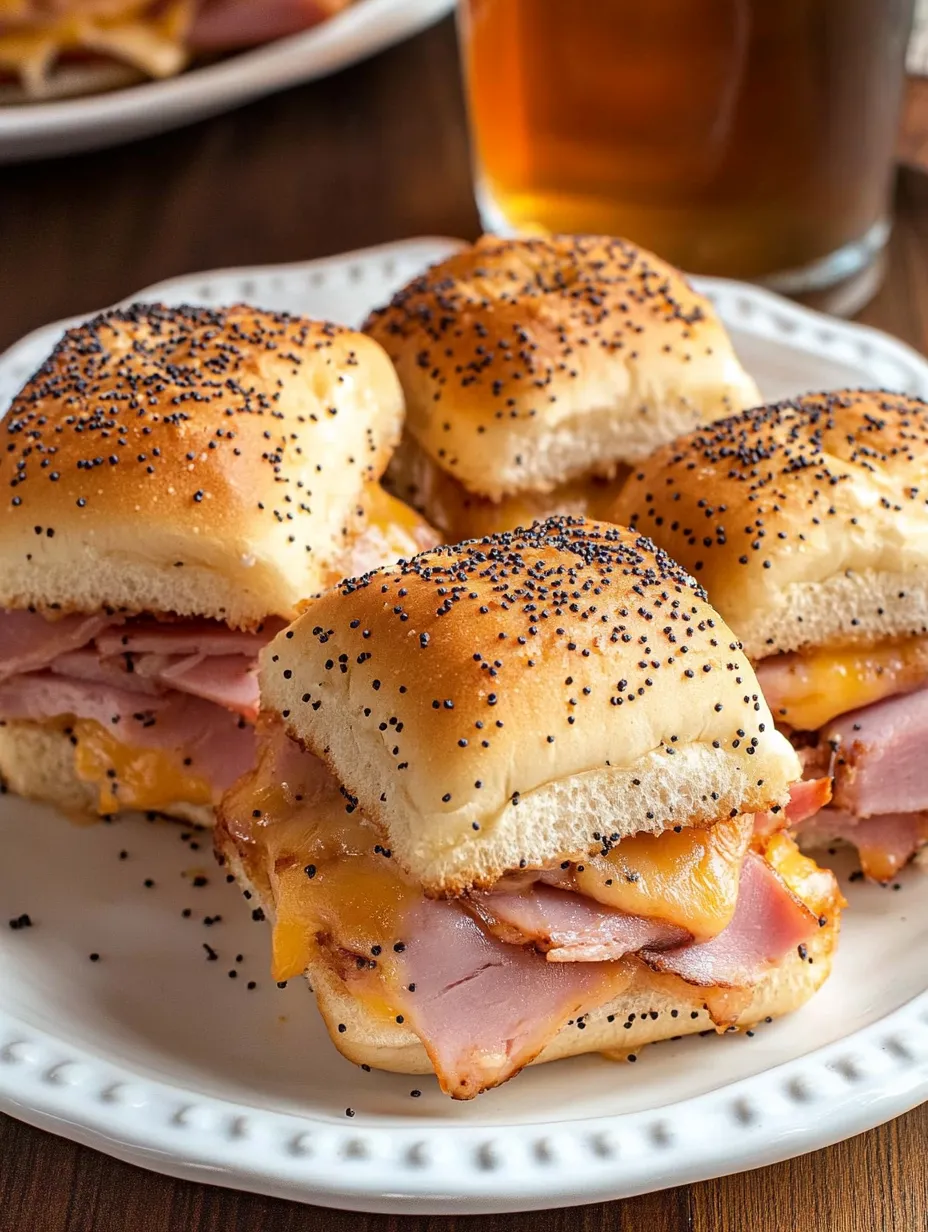 A plate of ham sandwiches with sesame seeds on top.