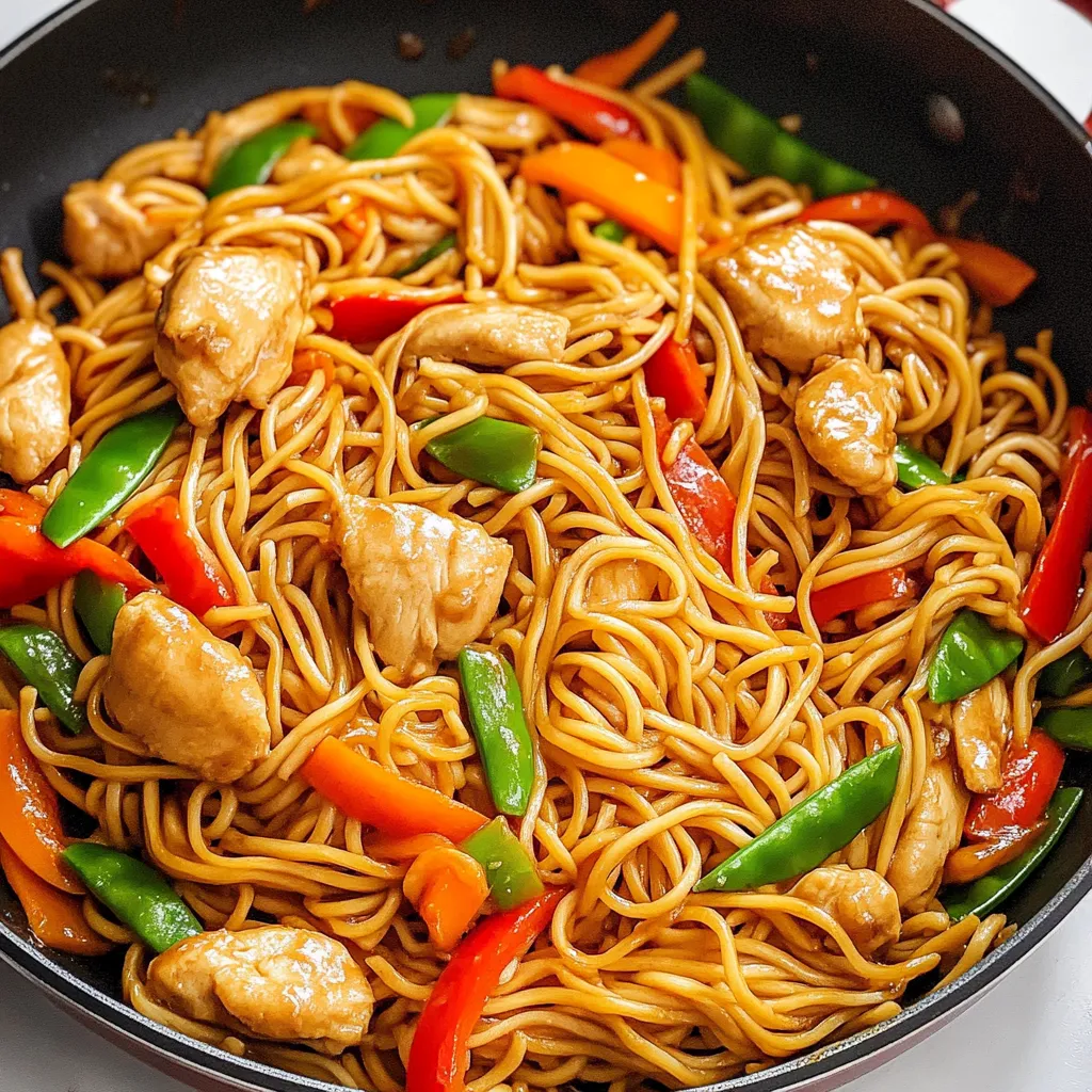 A delicious noodle dish with chicken and vegetables, ready to be served.