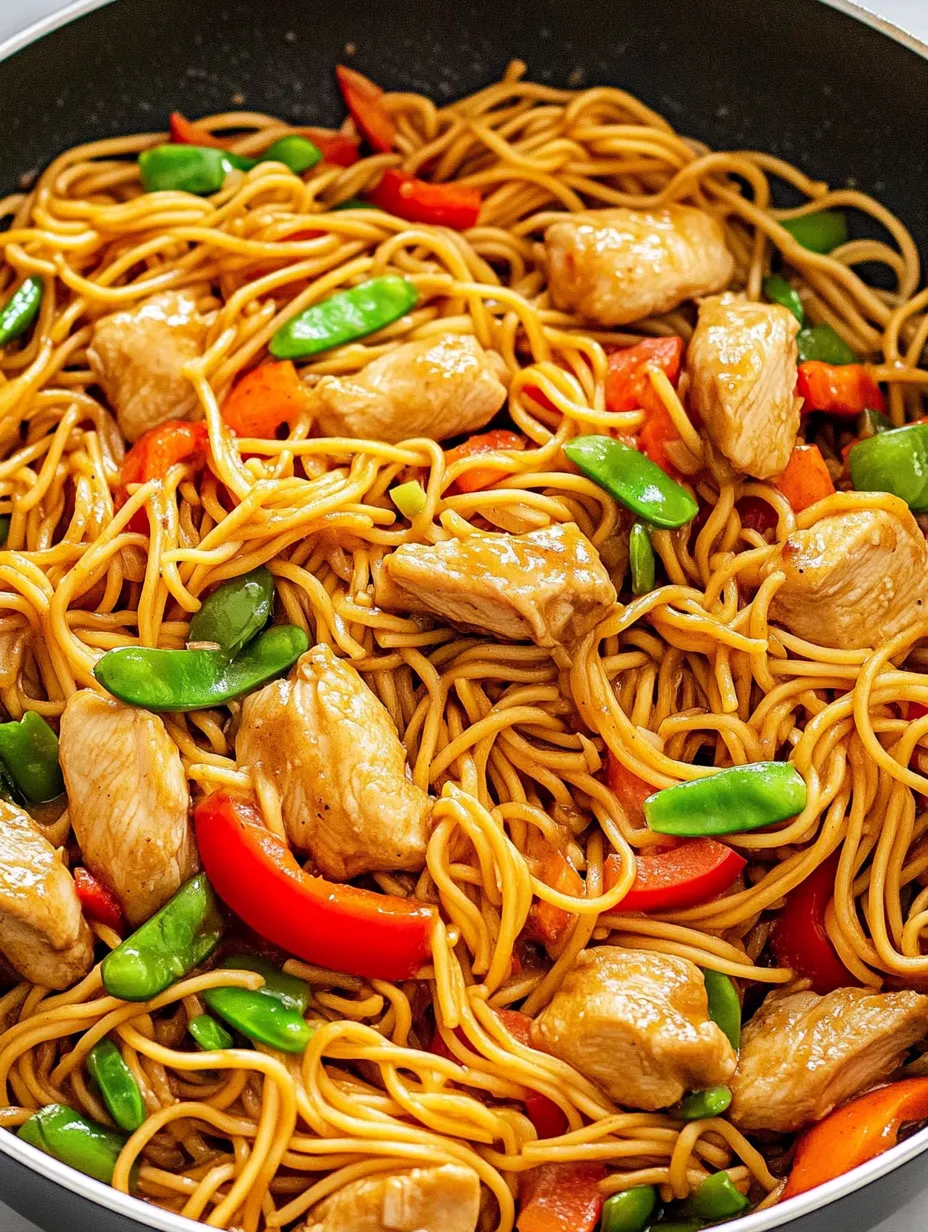 A delicious noodle dish with chicken, peppers, and green onions.