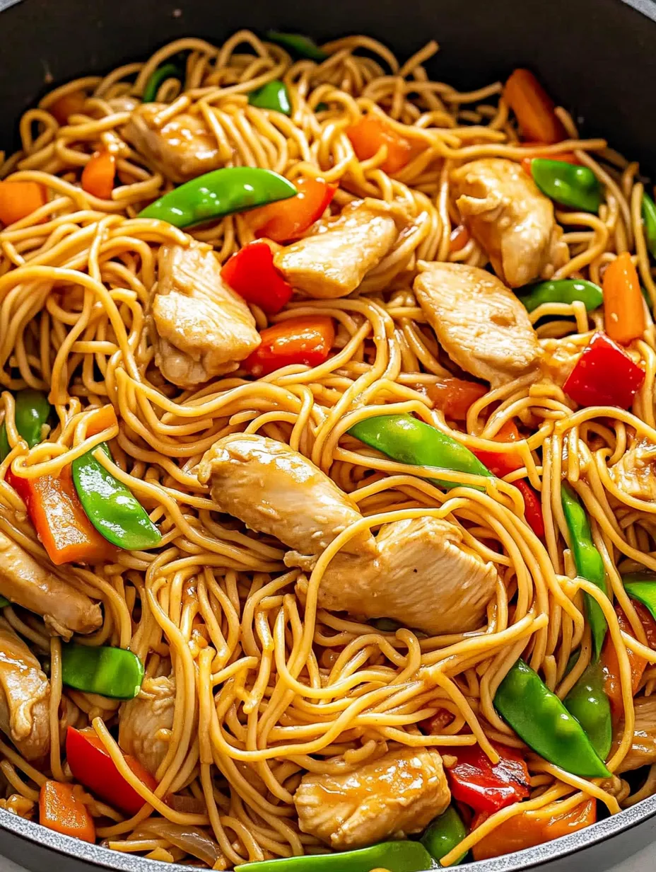 A delicious noodle dish with chicken, peppers, and carrots.