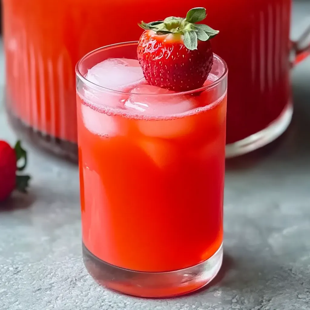 A glass of red juice with a strawberry on top.