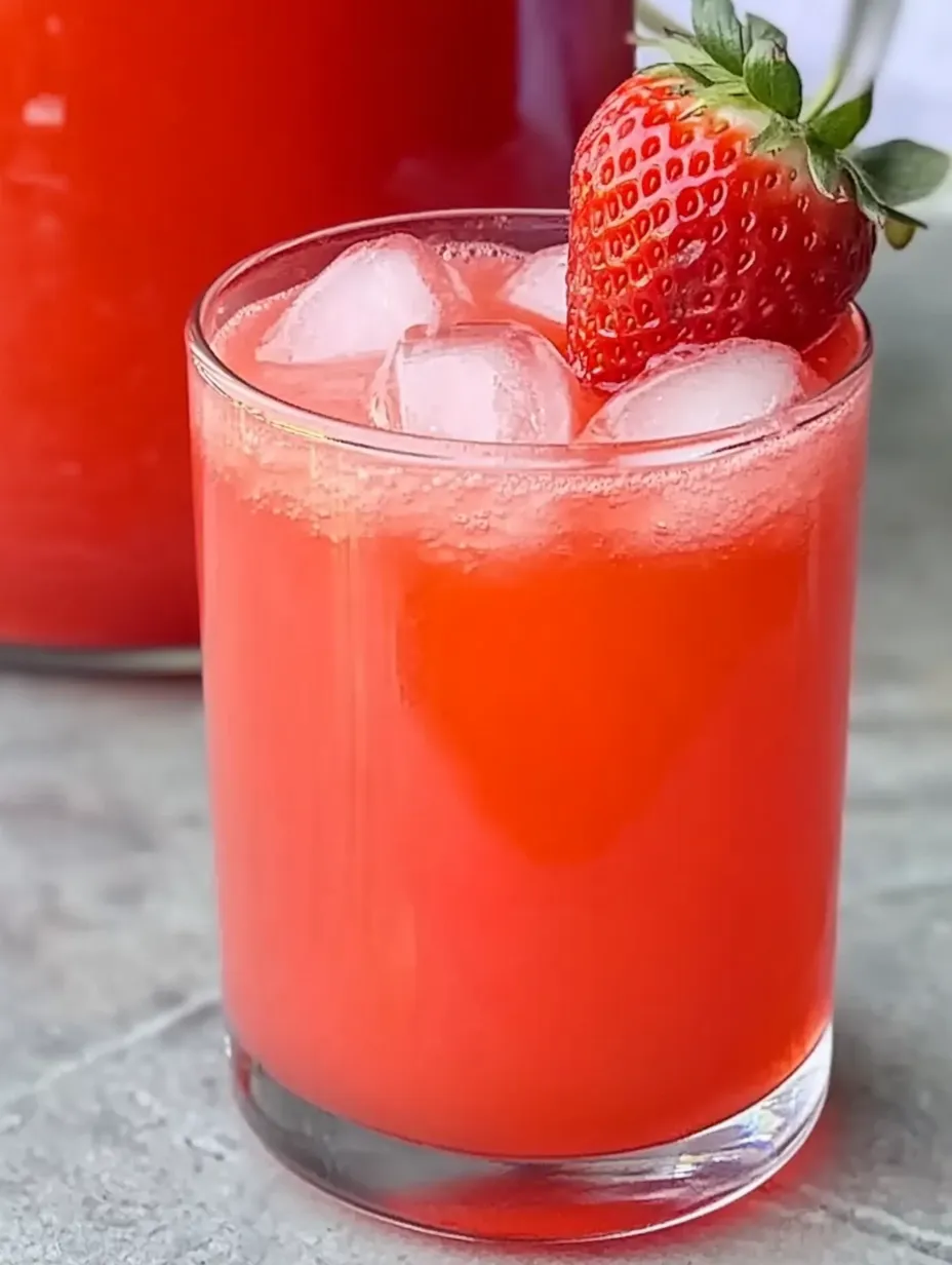 A glass of red juice with strawberries on top.