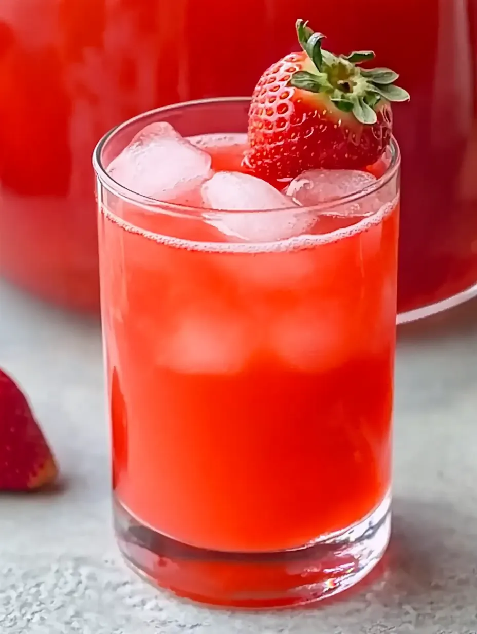 A glass of red juice with a strawberry on top.