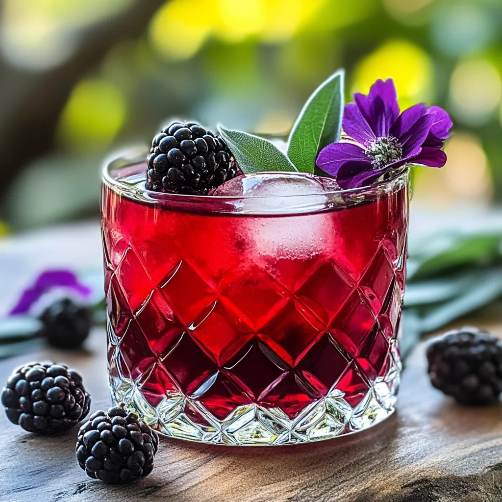 A glass of red wine with blackberries on a table.