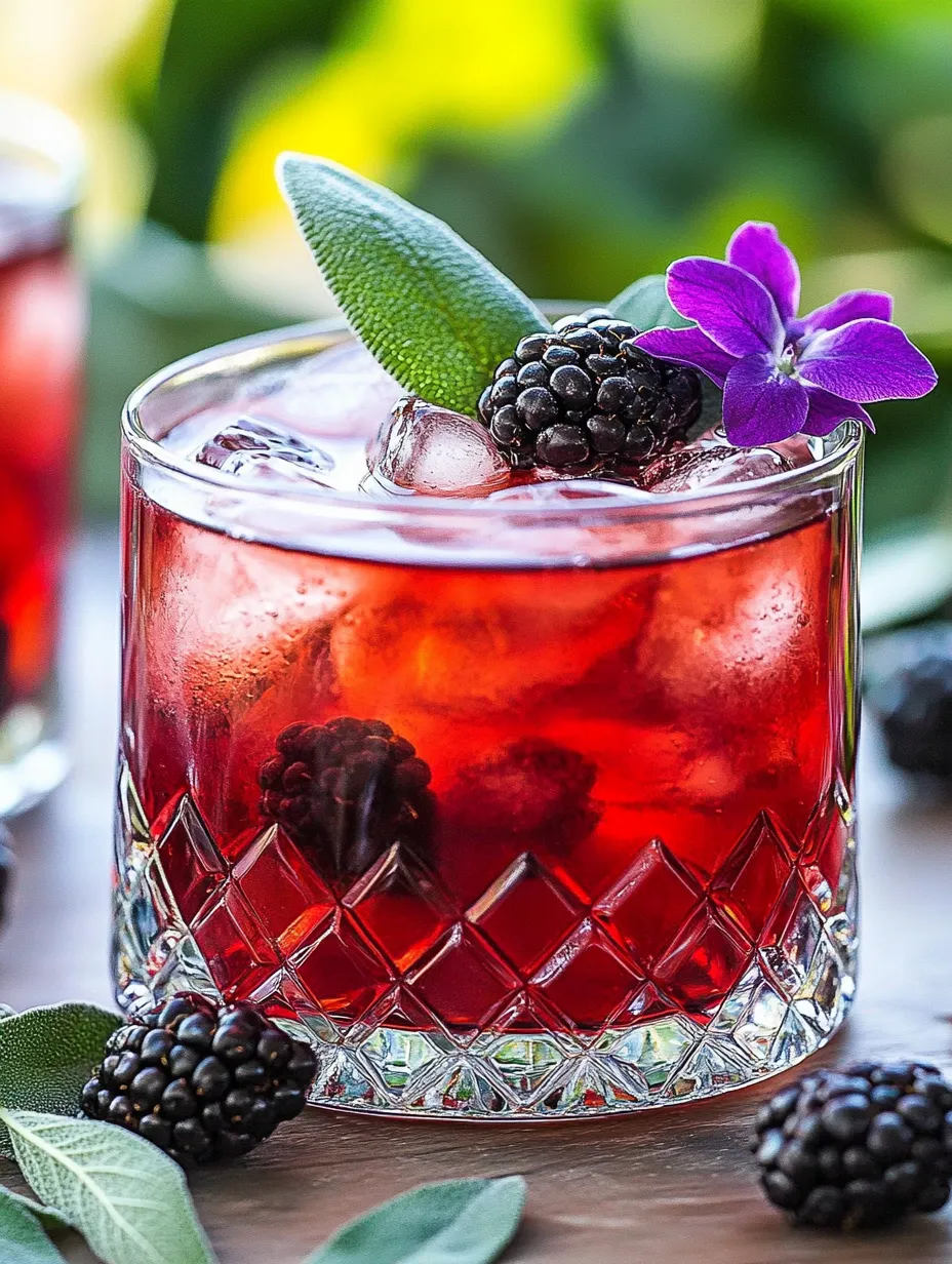 A glass of red wine with a blackberry and a purple flower on top.