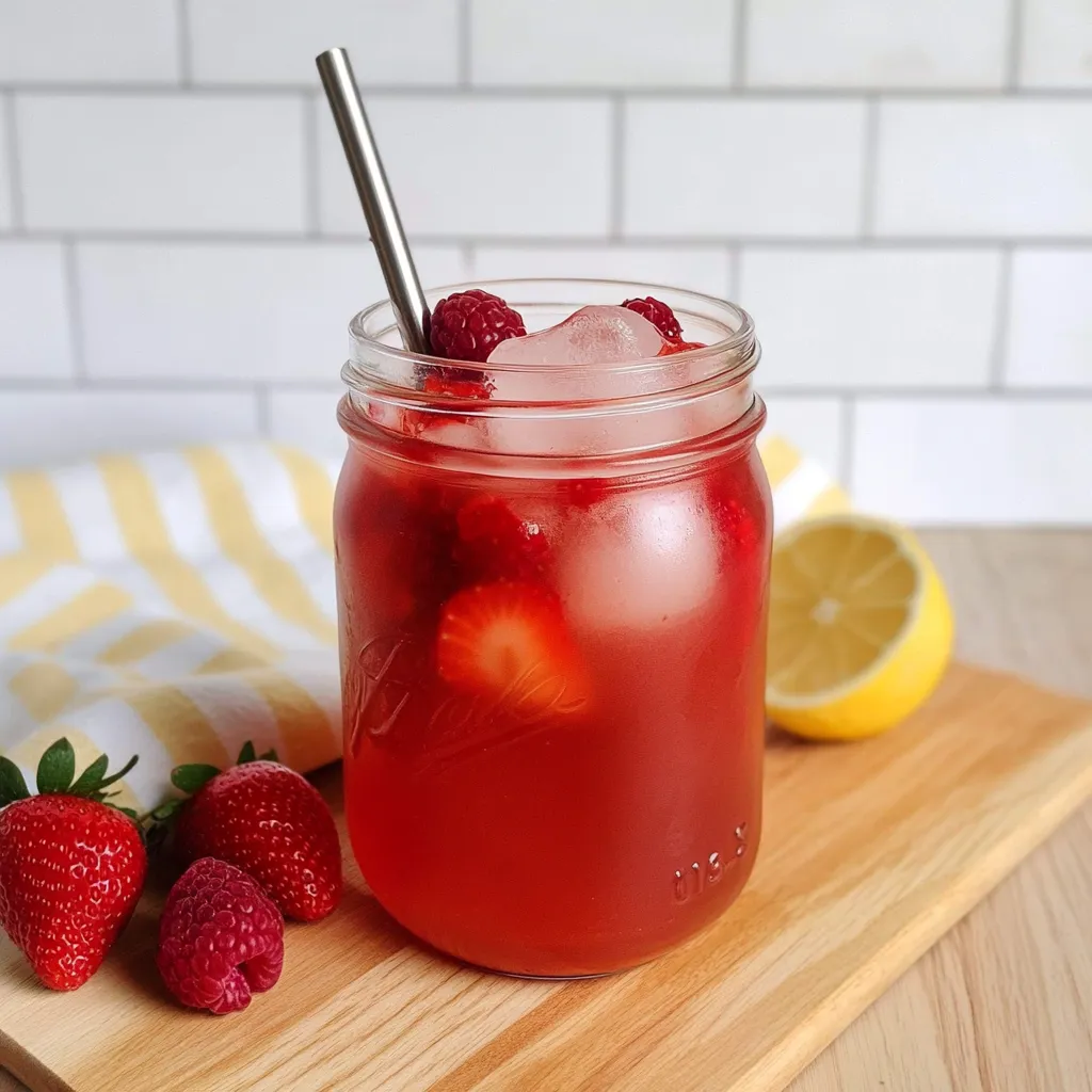 A glass of red drink with strawberries and lemon slices.