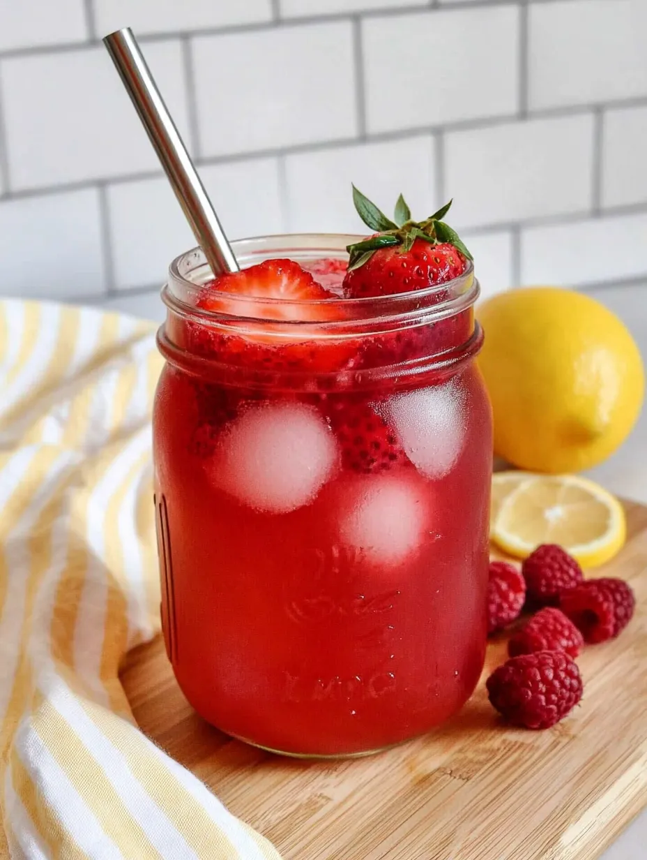 A glass of red strawberry juice with a lemon wedge on the side.