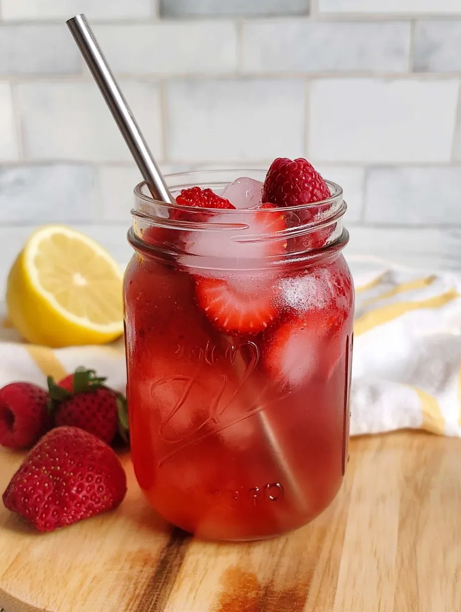 A glass of strawberry lemonade with a strawberry and lemon on the side.