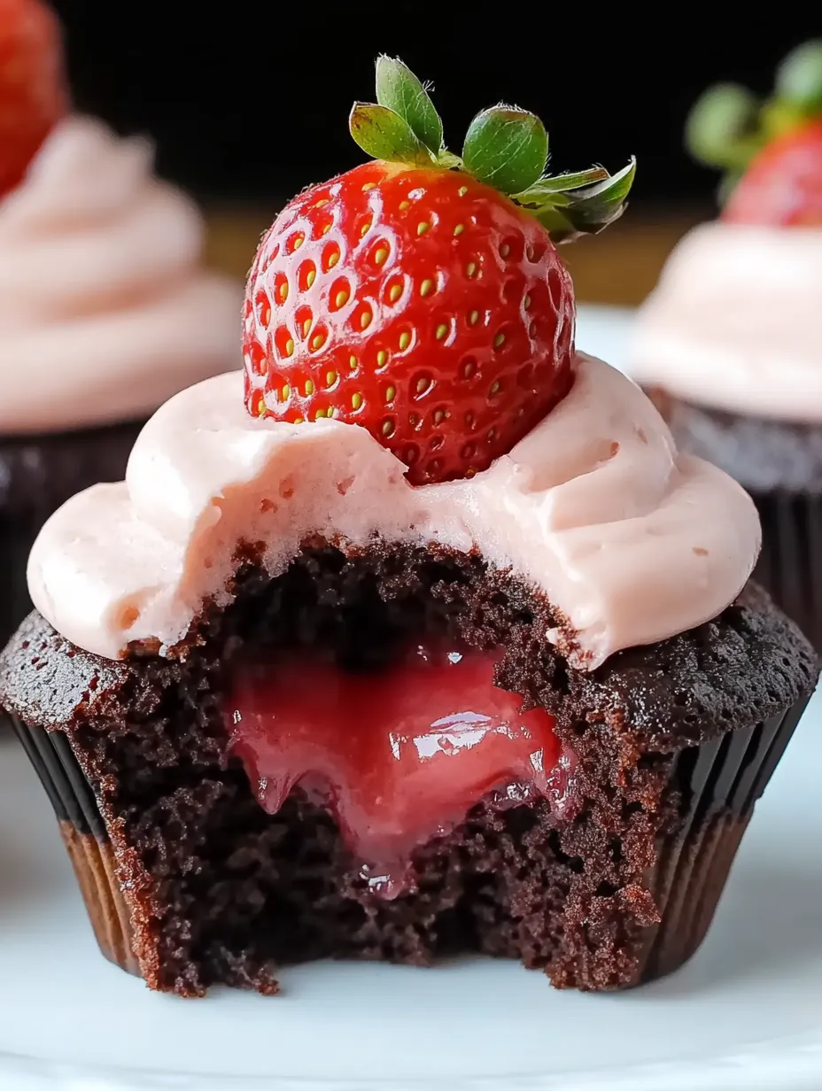 A chocolate cupcake with a strawberry on top.