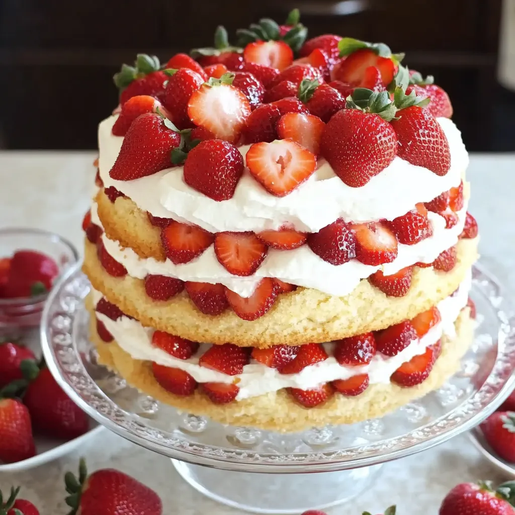 A delicious strawberry cake with white frosting and strawberries on top.